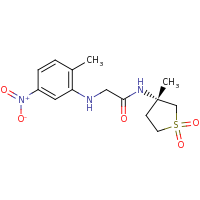 2d structure of N-[(3S)-3-methyl-1,1-dioxo-1$l^{6}-thiolan-3-yl]-2-[(2-methyl-5-nitrophenyl)amino]acetamide