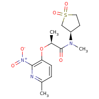 2d structure of (2S)-N-[(3R)-1,1-dioxo-1$l^{6}-thiolan-3-yl]-N-methyl-2-[(6-methyl-2-nitropyridin-3-yl)oxy]propanamide