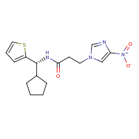 2d structure of N-[(R)-cyclopentyl(thiophen-2-yl)methyl]-3-(4-nitro-1H-imidazol-1-yl)propanamide
