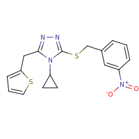 2d structure of 4-cyclopropyl-3-{[(3-nitrophenyl)methyl]sulfanyl}-5-(thiophen-2-ylmethyl)-4H-1,2,4-triazole