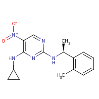 2d structure of 4-N-cyclopropyl-2-N-[(1S)-1-(2-methylphenyl)ethyl]-5-nitropyrimidine-2,4-diamine