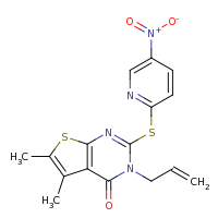 2d structure of 5,6-dimethyl-2-[(5-nitropyridin-2-yl)sulfanyl]-3-(prop-2-en-1-yl)-3H,4H-thieno[2,3-d]pyrimidin-4-one