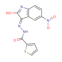 2d structure of N'-[(3E)-2-hydroxy-5-nitro-3H-indol-3-ylidene]thiophene-2-carbohydrazide