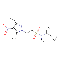 2d structure of N-[(1R)-1-cyclopropylethyl]-2-(3,5-dimethyl-4-nitro-1H-pyrazol-1-yl)-N-methylethane-1-sulfonamide