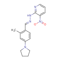 2d structure of 2-[(E)-2-{[2-methyl-4-(pyrrolidin-1-yl)phenyl]methylidene}hydrazin-1-yl]-3-nitropyridine