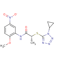 2d structure of (2R)-2-[(1-cyclopropyl-1H-1,2,3,4-tetrazol-5-yl)sulfanyl]-N-(2-methoxy-5-nitrophenyl)propanamide