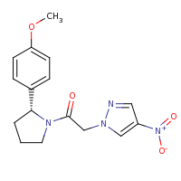 2d structure of 1-[(2R)-2-(4-methoxyphenyl)pyrrolidin-1-yl]-2-(4-nitro-1H-pyrazol-1-yl)ethan-1-one
