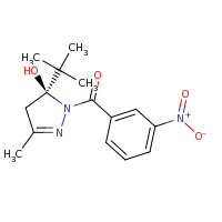 2d structure of (5S)-5-tert-butyl-3-methyl-1-[(3-nitrophenyl)carbonyl]-4,5-dihydro-1H-pyrazol-5-ol