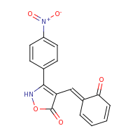 2d structure of 3-(4-nitrophenyl)-4-{[(1E)-6-oxocyclohexa-2,4-dien-1-ylidene]methyl}-2,5-dihydro-1,2-oxazol-5-one