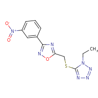 2d structure of 1-ethyl-5-({[3-(3-nitrophenyl)-1,2,4-oxadiazol-5-yl]methyl}sulfanyl)-1H-1,2,3,4-tetrazole