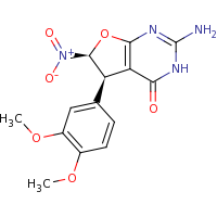 2d structure of (5R,6S)-2-amino-5-(3,4-dimethoxyphenyl)-6-nitro-3H,4H,5H,6H-furo[2,3-d]pyrimidin-4-one