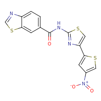 2d structure of N-[4-(4-nitrothiophen-2-yl)-1,3-thiazol-2-yl]-1,3-benzothiazole-6-carboxamide