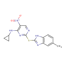 2d structure of N-cyclopropyl-2-[(5-methyl-1H-1,3-benzodiazol-2-yl)sulfanyl]-5-nitropyrimidin-4-amine