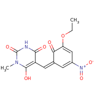 2d structure of 5-{[(1Z)-5-ethoxy-3-nitro-6-oxocyclohexa-2,4-dien-1-ylidene]methyl}-6-hydroxy-1-methyl-1,2,3,4-tetrahydropyrimidine-2,4-dione