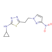 2d structure of N-cyclopropyl-5-[2-(3-nitro-1H-pyrazol-1-yl)ethyl]-1,3,4-thiadiazol-2-amine