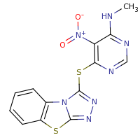 2d structure of N-methyl-5-nitro-6-{7-thia-2,4,5-triazatricyclo[6.4.0.0^{2,6}]dodeca-1(8),3,5,9,11-pentaen-3-ylsulfanyl}pyrimidin-4-amine