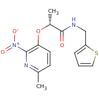 2d structure of (2R)-2-[(6-methyl-2-nitropyridin-3-yl)oxy]-N-(thiophen-2-ylmethyl)propanamide