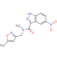 2d structure of N-methyl-N-[(5-methyl-1,2-oxazol-3-yl)methyl]-5-nitro-1H-indazole-3-carboxamide