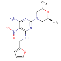2d structure of 2-[(2S,6S)-2,6-dimethylmorpholin-4-yl]-4-N-(furan-2-ylmethyl)-5-nitropyrimidine-4,6-diamine
