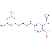 2d structure of 4-N-cyclopropyl-2-N-{3-[(2R,6S)-2,6-dimethylmorpholin-4-yl]propyl}-5-nitropyrimidine-2,4-diamine
