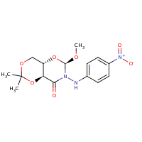 2d structure of (4aS,6R,8aS)-6-methoxy-2,2-dimethyl-7-[(4-nitrophenyl)amino]-hexahydro-2H-[1,3]dioxino[4,5-e][1,3]oxazin-8-one