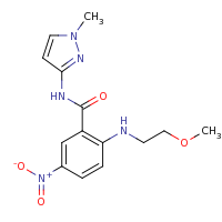 2d structure of 2-[(2-methoxyethyl)amino]-N-(1-methyl-1H-pyrazol-3-yl)-5-nitrobenzamide