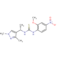 2d structure of 3-[(1S)-1-(1,3-dimethyl-1H-pyrazol-4-yl)ethyl]-1-(2-methoxy-4-nitrophenyl)thiourea