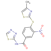 2d structure of 4-[(4-methyl-1,3-thiazol-2-yl)sulfanyl]-3-nitro-N-(1,3,4-thiadiazol-2-yl)benzamide