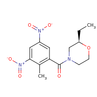 2d structure of (2R)-2-ethyl-4-[(2-methyl-3,5-dinitrophenyl)carbonyl]morpholine