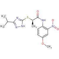 2d structure of (2R)-N-(4-methoxy-2-nitrophenyl)-2-{[3-(propan-2-yl)-1H-1,2,4-triazol-5-yl]sulfanyl}propanamide