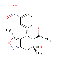 2d structure of 1-[(4S,5R,6R)-6-hydroxy-3,6-dimethyl-4-(3-nitrophenyl)-4,5,6,7-tetrahydro-2,1-benzoxazol-5-yl]ethan-1-one