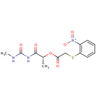 2d structure of (2R)-1-[(methylcarbamoyl)amino]-1-oxopropan-2-yl 2-[(2-nitrophenyl)sulfanyl]acetate