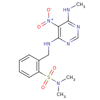 2d structure of N,N-dimethyl-2-({[6-(methylamino)-5-nitropyrimidin-4-yl]amino}methyl)benzene-1-sulfonamide