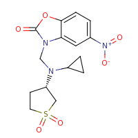 2d structure of (3S)-3-{cyclopropyl[(5-nitro-2-oxo-2,3-dihydro-1,3-benzoxazol-3-yl)methyl]amino}-1$l^{6}-thiolane-1,1-dione