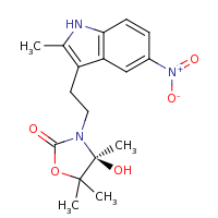 2d structure of (4S)-4-hydroxy-4,5,5-trimethyl-3-[2-(2-methyl-5-nitro-1H-indol-3-yl)ethyl]-1,3-oxazolidin-2-one