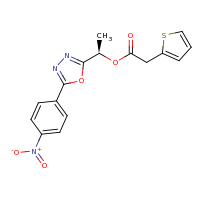 2d structure of (1R)-1-[5-(4-nitrophenyl)-1,3,4-oxadiazol-2-yl]ethyl 2-(thiophen-2-yl)acetate