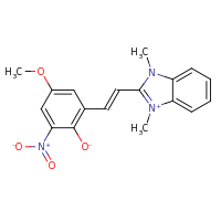 2d structure of 2-[(E)-2-(5-methoxy-3-nitro-2-oxidophenyl)ethenyl]-1,3-dimethyl-1H-1,3-benzodiazol-3-ium