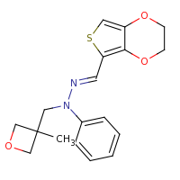 2d structure of (E)-1-[(3-methyloxetan-3-yl)methyl]-1-phenyl-2-{2H,3H-thieno[3,4-b][1,4]dioxin-5-ylmethylidene}hydrazine