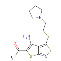 2d structure of 1-(4-amino-3-{[2-(pyrrolidin-1-yl)ethyl]sulfanyl}thieno[2,3-c][1,2]thiazol-5-yl)ethan-1-one