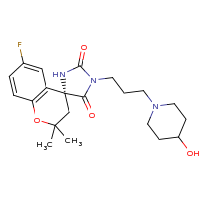 2d structure of (4R)-6-fluoro-1'-[3-(4-hydroxypiperidin-1-yl)propyl]-2,2-dimethyl-2,3-dihydrospiro[1-benzopyran-4,4'-imidazolidine]-2',5'-dione
