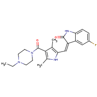 2d structure of (3Z)-3-({4-[(4-ethylpiperazin-1-yl)carbonyl]-3,5-dimethyl-1H-pyrrol-2-yl}methylidene)-5-fluoro-2,3-dihydro-1H-indol-2-one