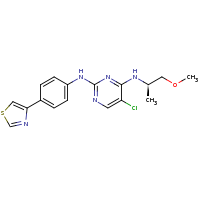 2d structure of 5-chloro-4-N-[(2R)-1-methoxypropan-2-yl]-2-N-[4-(1,3-thiazol-4-yl)phenyl]pyrimidine-2,4-diamine