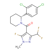 2d structure of (2R)-2-(2,4-dichlorophenyl)-1-{[3-(difluoromethyl)-5-fluoro-1-methyl-1H-pyrazol-4-yl]carbonyl}piperidine