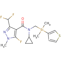 2d structure of N-cyclopropyl-3-(difluoromethyl)-N-{[dimethyl(thiophen-3-yl)silyl]methyl}-5-fluoro-1-methyl-1H-pyrazole-4-carboxamide