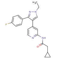 2d structure of 2-cyclopropyl-N-{4-[1-ethyl-3-(4-fluorophenyl)-1H-pyrazol-4-yl]pyridin-2-yl}acetamide