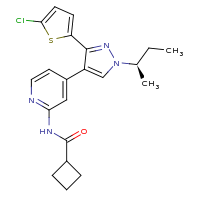 2d structure of N-(4-{1-[(2R)-butan-2-yl]-3-(5-chlorothiophen-2-yl)-1H-pyrazol-4-yl}pyridin-2-yl)cyclobutanecarboxamide