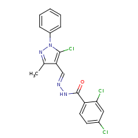 2d structure of 2,4-dichloro-N'-[(1E)-(5-chloro-3-methyl-1-phenyl-1H-pyrazol-4-yl)methylidene]benzohydrazide
