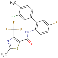2d structure of N-[2-(3-chloro-4-methylphenyl)-4-fluorophenyl]-2-methyl-4-(trifluoromethyl)-1,3-thiazole-5-carboxamide