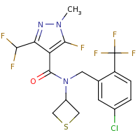 2d structure of N-{[5-chloro-2-(trifluoromethyl)phenyl]methyl}-3-(difluoromethyl)-5-fluoro-1-methyl-N-(thietan-3-yl)-1H-pyrazole-4-carboxamide