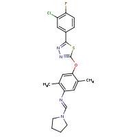 2d structure of (NE)-4-{[5-(3-chloro-4-fluorophenyl)-1,3,4-thiadiazol-2-yl]oxy}-2,5-dimethyl-N-(pyrrolidin-1-ylmethylidene)aniline